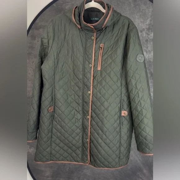 Lauren Ralph Lauren Quilted Jacket XXL Olive Green Hooded 3/4 Equestrian Coat - Picture 3 of 11